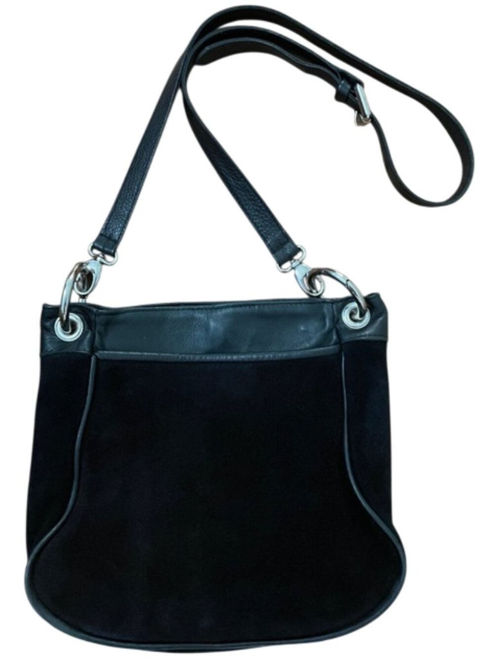 LAGGO Black Suede Leather Hobo Crossbody Bag Silver Grommet Hardware